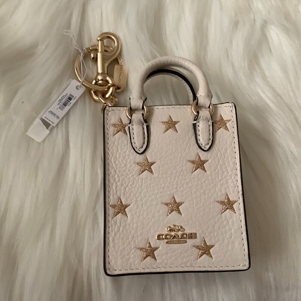 COACH Metallic Star North/South Mini Tote Bag Charm Key Ring in Chalk/Gold
